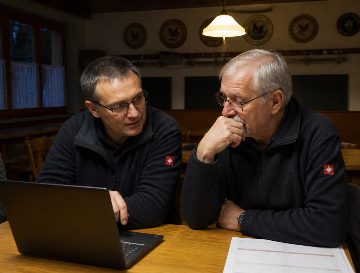 Zwei Vorstandsmitglieder eines Schweizer Schützenvereins arbeiten mit dem Laptop im Schützenhaus